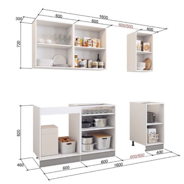 Кухонный гарнитур Бостон 1600х600 белый/белый/красный глянец