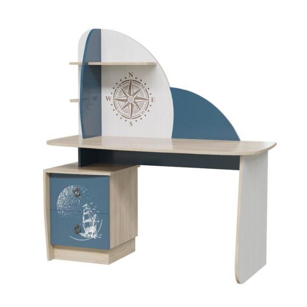 Стол рабочий Бриз 1360х650х1420 Дуб ривьера/Рамух белый/Синий Бриз