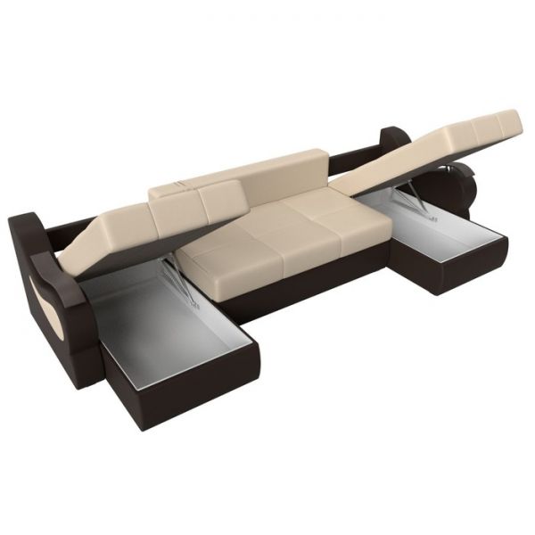 П-образный диван «Меркурий», механизм еврокнижка, экокожа, цвет бежевый / коричневый