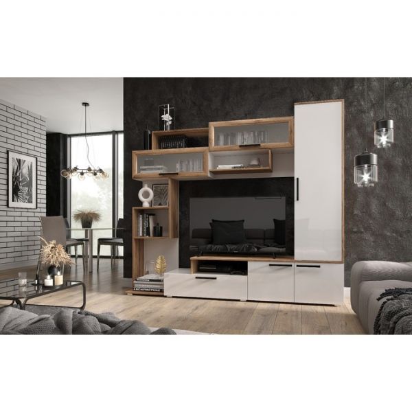 Гостиная Олимп, 2100х460х1820, Белый глянец/Дуб крафт