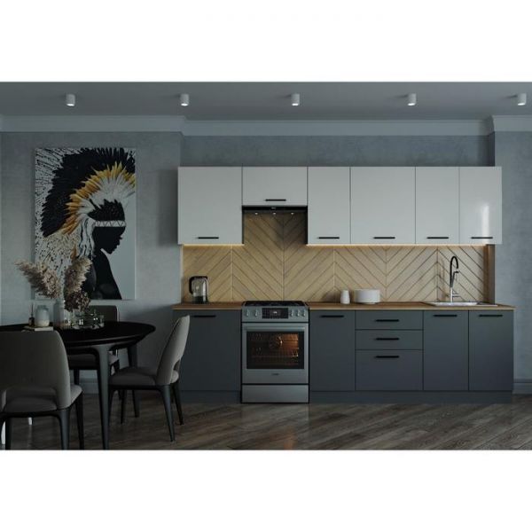 Кухня Вегас 3032х600 Антрацит/ Дуб Вотан/Антрацит,Жемчуг