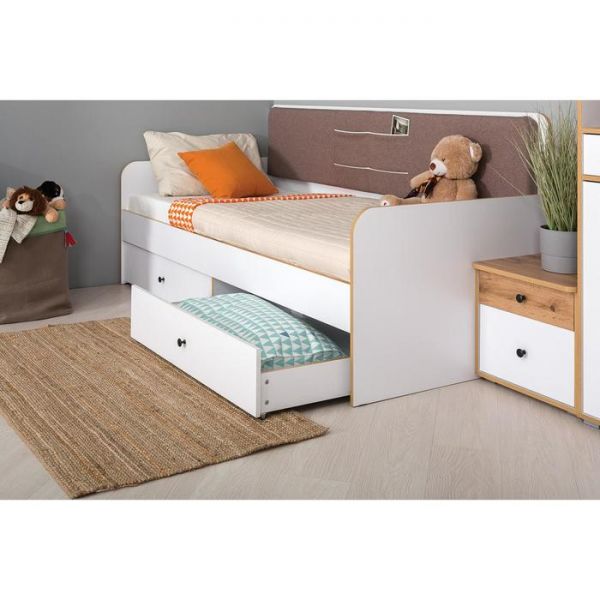 Кровать с ящиками Вуди 11.02 , с/м 900х2000, 2092х944х965, Белый/Дуб золотой