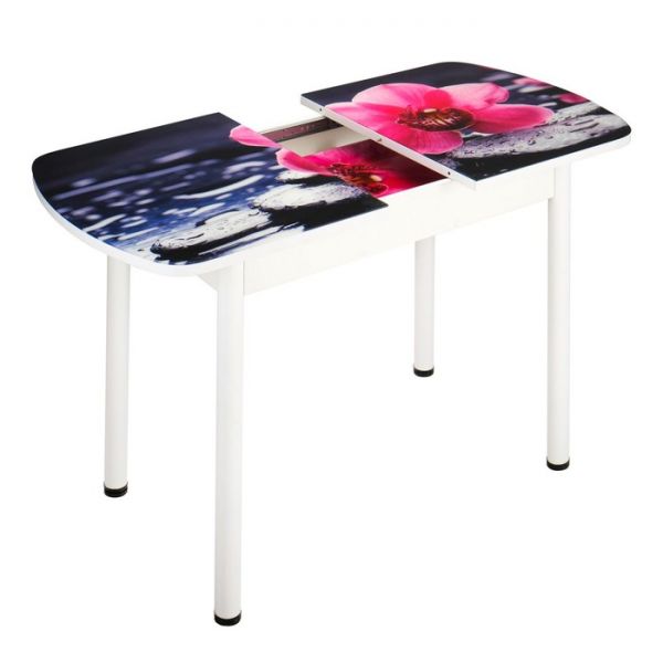 Стол раздвижной с ФП  Орхидея на камне 1100/1500х700х777 стекло/пояс белый/Прям. бел ноги