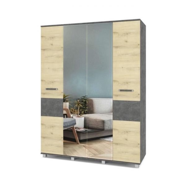 Шкаф Виора В41 520х1600х2100 четырёхстворчатый с зеркалом Камень темный/дуб ирландский