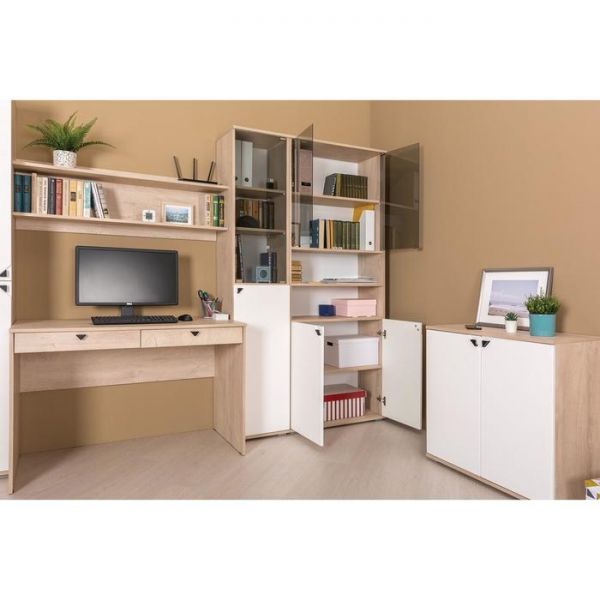 Шкаф с полками и стеклом Бостон 13.156, 768х351х1944, Дуб элегантный/Милк рикамо софт