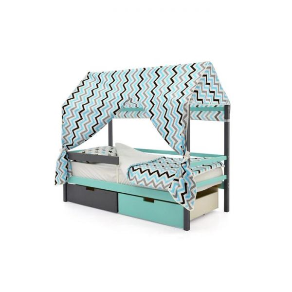 Крыша текстильная Бельмарко для кровати-домика Svogen зигзаги,графит, бирюза, серый