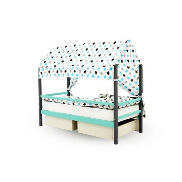 Крыша текстильная Бельмарко для кровати-домика Svogen звезды, графит, бирюза, серый