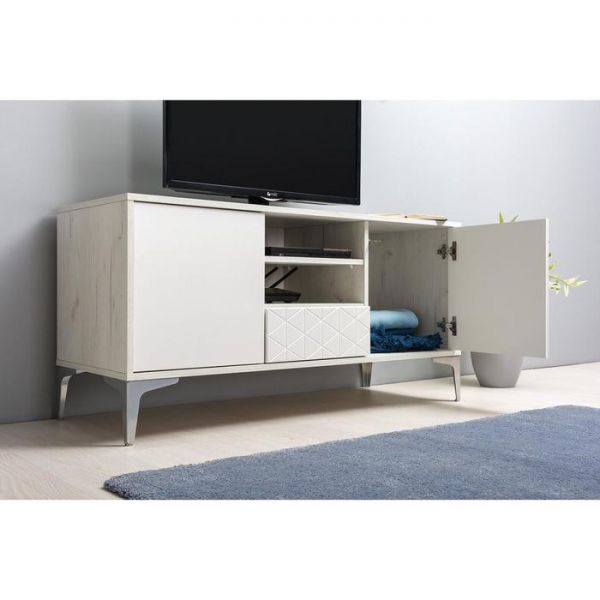 Тумба под ТВ Марципан 13.265, 1215х456х597, Дуб белый/шагрень платина