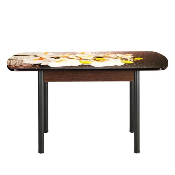 Стол раздвижной с фп Орхидея белая 1100/1500х700х777  стекло/пояс венге/ноги чёрн. прямые