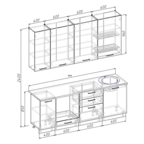 Кухонный гарнитур Шампань 2232х600 Белый/Мрамор Марквина белый/Сатин