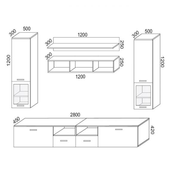 Гостиная Жак, 2800х450х2200, Черный глянец МДФ/ Белый ЛДСП