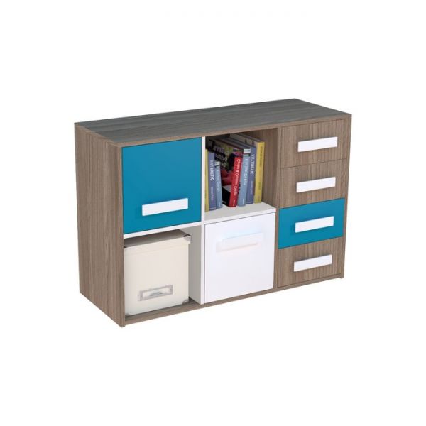 Тумба Юниор правая 4ящика и двери 1056х400х714 Ясень шимо темный/Белая Аляска/Индиго