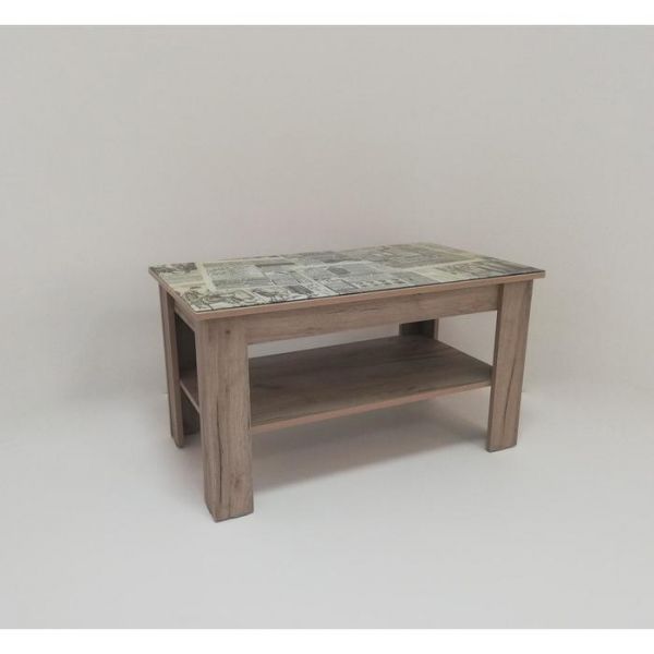 Стол журнальный «Бостон мини», 900 ? 500 ? 500 , стекло, цвет винтажные газеты / дуб серый