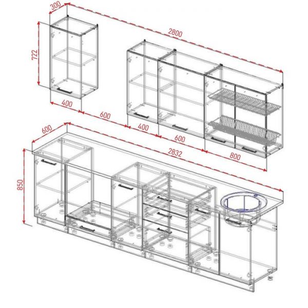 Кухня Бланка 2832х600 Белый/Мрамор Марквина белый/ Жемчуг,Пайн