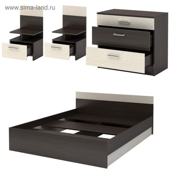 Спальня Леси, набор -  комод 800, кровать 1600, тумбы 2 шт , Венге/Дуб белфорд
