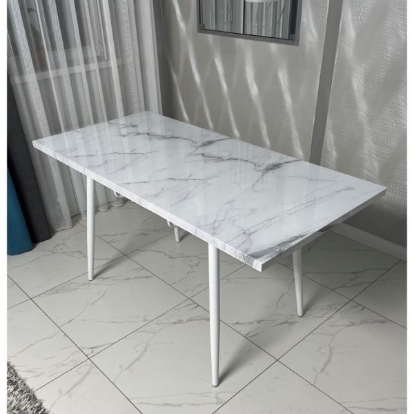 Обеденный стол «Конус 2», 1100(1500) ? 700 мм, опора редуцированная белая, белый мрамор