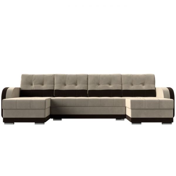 П-образный диван «Марсель», механизм еврокнижка, велюр, цвет бежевый / коричневый