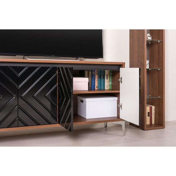 Тумба под ТВ Муар 13.261, 1380х400х730, Орех селект каминный/Черный глянец