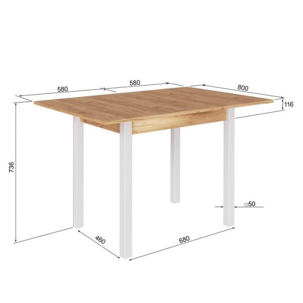 Стол обеденный раскладной СО-07, 800х580(1160)х736, белый/дуб крафт золотой