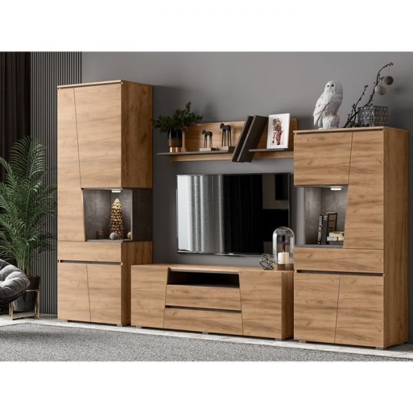 Тумба под ТВ Соренто, 1402х414х504, Дуб крафт/Бетон темный