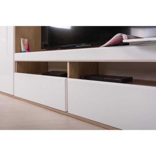 Тумба под ТВ Альба 3 03.286, 1396х402х432, Дуб эндгрейн элег./Белый глянец