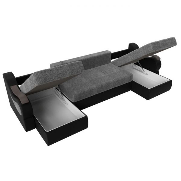 П-образный диван «Меркурий», механизм еврокнижка, рогожка, экокожа, цвет серый / чёрный