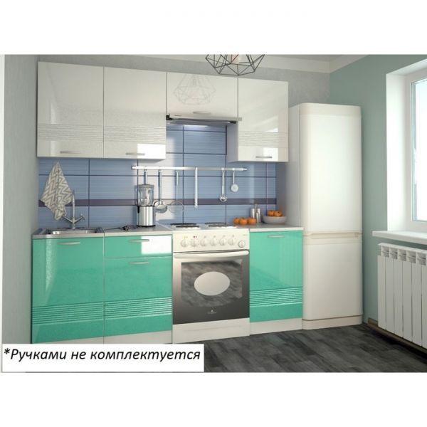 Кухонный гарнитур Волна 2, 2100х600 мм, Белый металлик/Бирюза