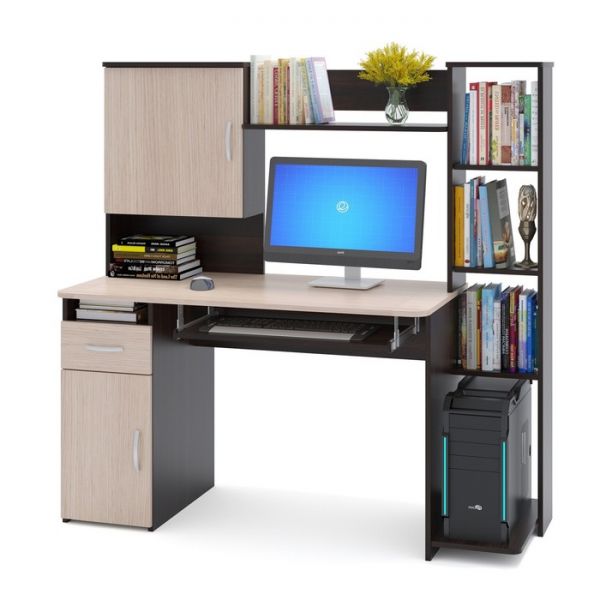 Компьютерный стол, 1486 ? 600 ? 1440 мм, цвет корпус венге / фасад белёный дуб