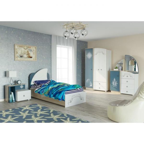 Кровать односпальная Бриз 840х2035х1100 Дуб ривьера/Рамух белый/Синий Бриз