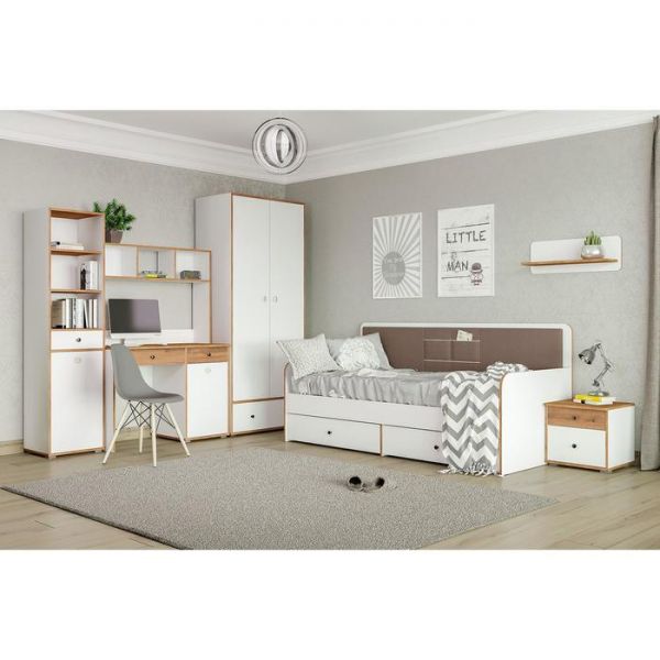 Кровать с ящиками Вуди 11.02 , с/м 900х2000, 2092х944х965, Белый/Дуб золотой