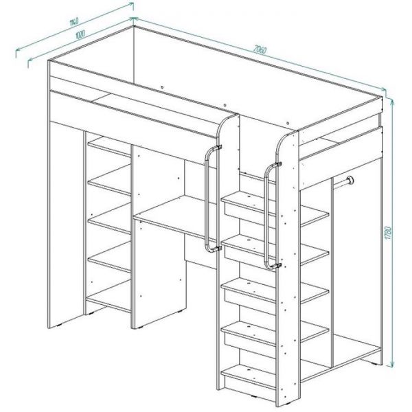 Кровать чердак с рабочим местом Д-3 2000*800 Белый/Дуб Сонома
