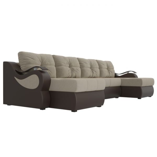 П-образный диван «Меркурий», механизм еврокнижка, микровельвет, цвет бежевый / коричневый