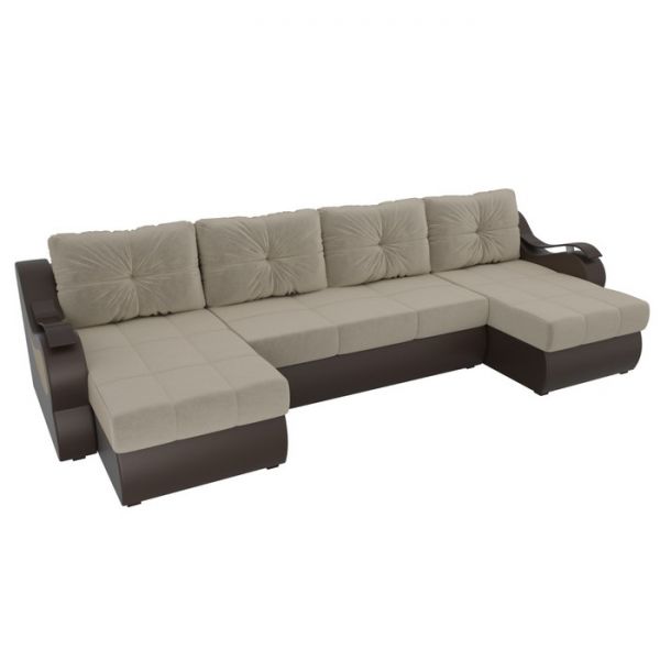 П-образный диван «Меркурий», механизм еврокнижка, микровельвет, цвет бежевый / коричневый