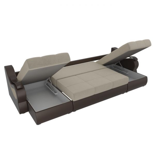 П-образный диван «Меркурий», механизм еврокнижка, микровельвет, цвет бежевый / коричневый