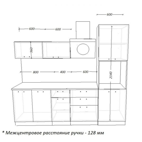 Кухонный гарнитур 1, 2400х600 мм, Белый глянец/бриллиант черный