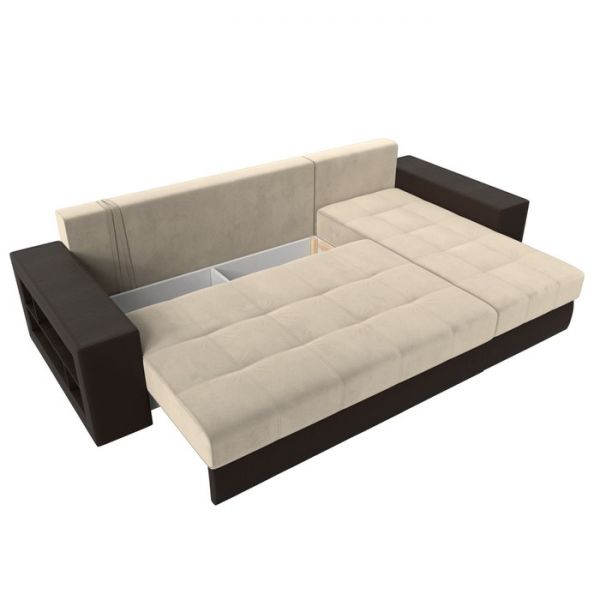 Угловой диван «Дубай», механизм еврокнижка, цвет бежевый микровельвет / коричневая экокожа