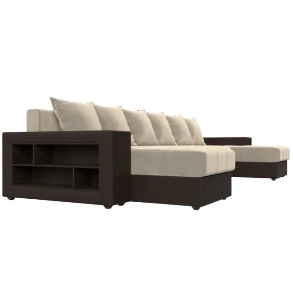 П-образный диван «Дубай», механизм еврокнижка, бежевый микровельвет / коричневая экокожа