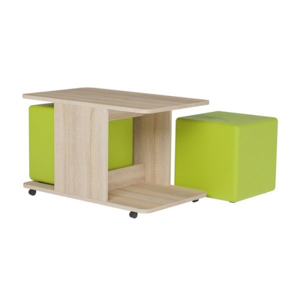 Стол журнальный, цвет дуб сонома, с пуфами, цвет лайм