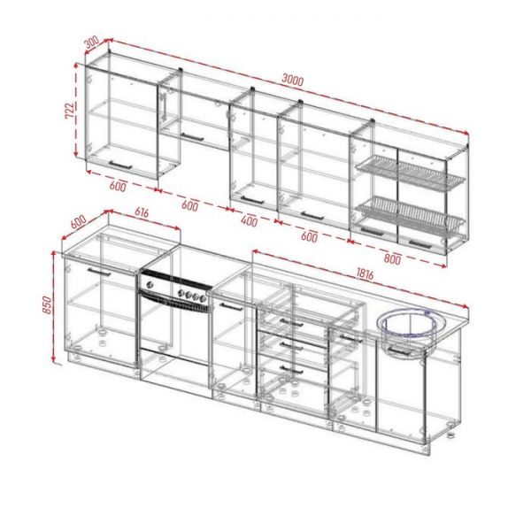 Кухня Бланка 3032х600 Белый/ Мрамор Марквина белый/ Жемчуг,Пайн