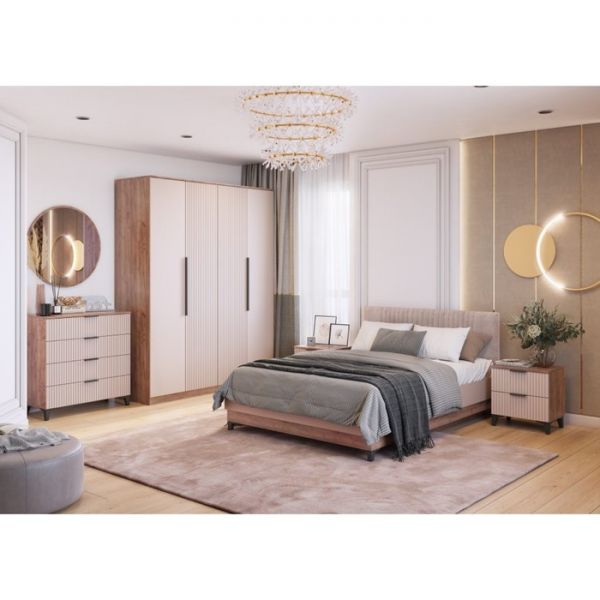 Кровать Тоскана Люкс с ПМ 1600х2000 дуб табачный/бисквит, ткань Бренди лайт 04