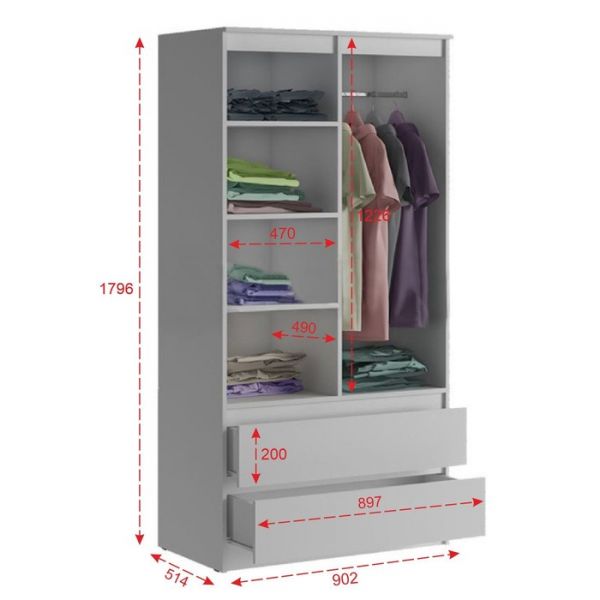 Шкаф 2х ств с ящиками Челси, 902х514х1796, Белый глянец/Белый