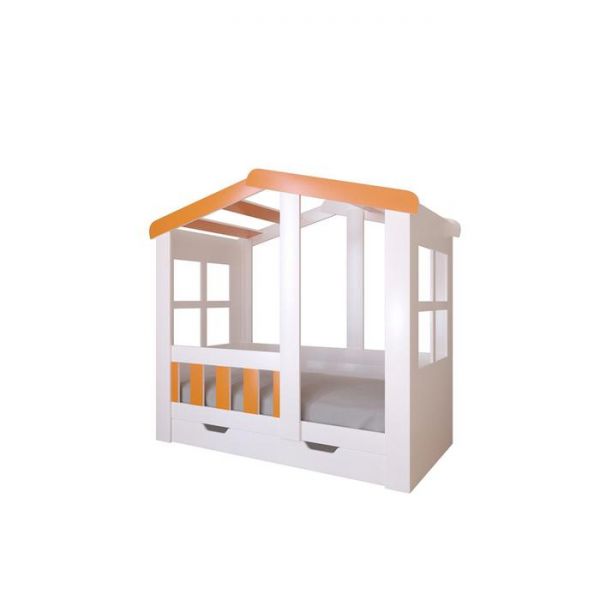 Детская кровать-чердак «Астра домик», с ящиком, цвет белый / оранжевый