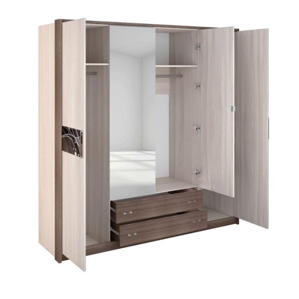 Шкаф 4-х дверный «Николь», 2060 ? 592 ? 2117 мм, зеркало, цвет ясень шимо светлый / тёмный