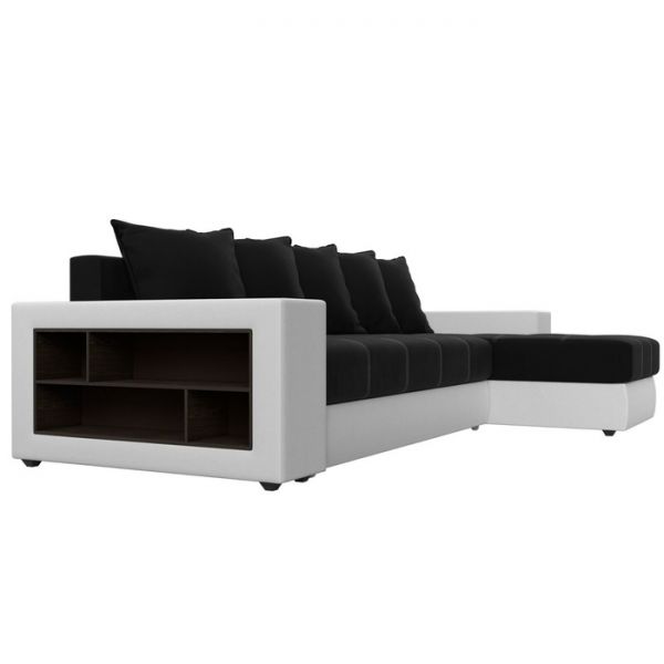 Угловой диван «Дубай», еврокнижка, правый угол, цвет чёрный микровельвет / белая экокожа