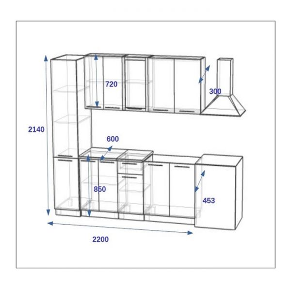 Кухонный гарнитур Волна 3, 2200х600 мм, Белый металлик/Бирюза