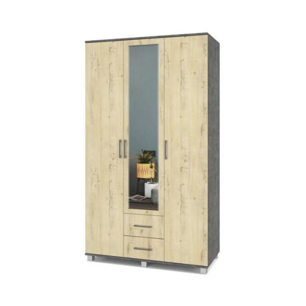 Шкаф Ева Е34 520х1200х2100 трёхстворчатый с зеркалом и ящ Камень темный/дуб ирландский