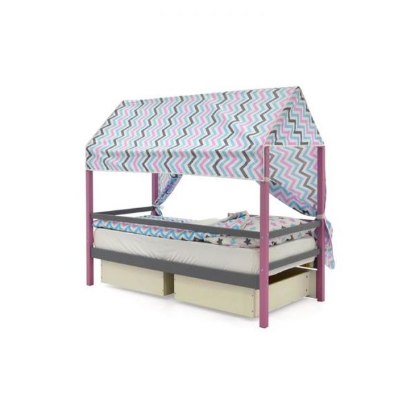 Крыша текстильная Бельмарко для кровати-домика Svogen зигзаги, графит, лаванда, бирюза