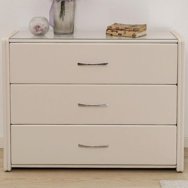 Комод «Алеро», 3 ящика, 1010 ? 375 ? 765 мм, экокожа, стекло, цвет взбитые сливки