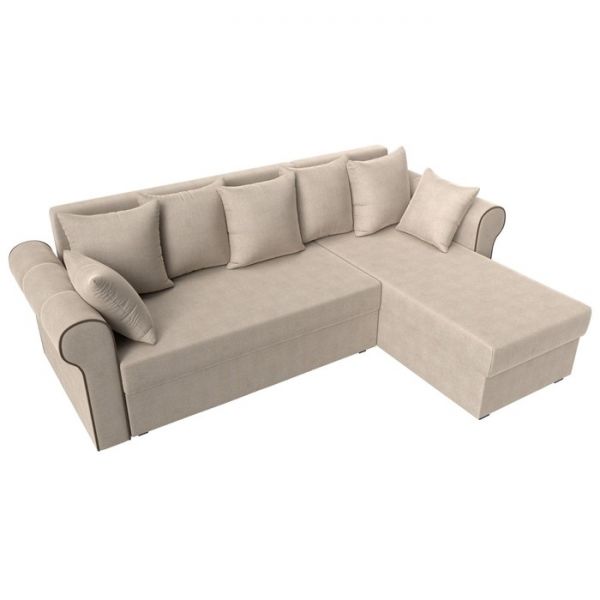 Угловой диван «Рейн», механизм еврокнижка, угол правый, рогожка, бежевый / кант коричневый