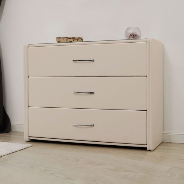 Комод «Алеро», 3 ящика, 1010 ? 375 ? 765 мм, экокожа, стекло, цвет взбитые сливки